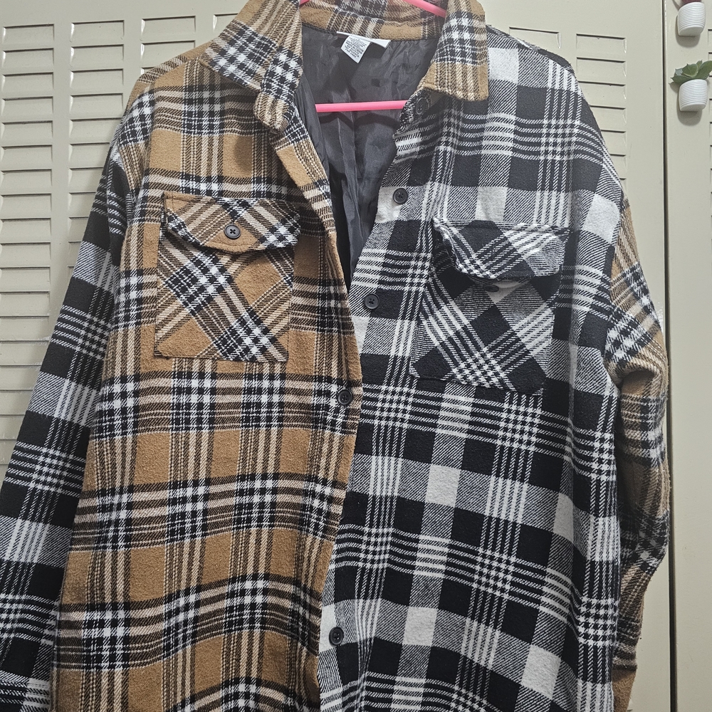 Plaid Button-Up Shirt in Black and Tan